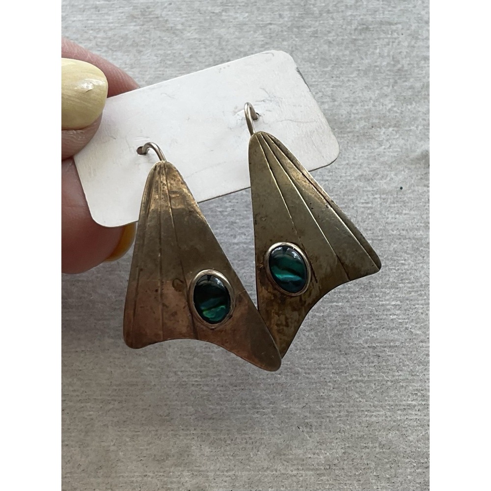 vintage geometric dangle earrings Sterling Silver Iridescent green abalone 925